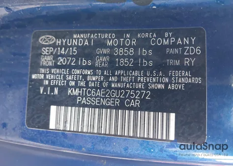 2016 Hyundai Veloster Turbo R-Spec z USA, uszkodzony, nr VIN KMHTC6AE2GU275272